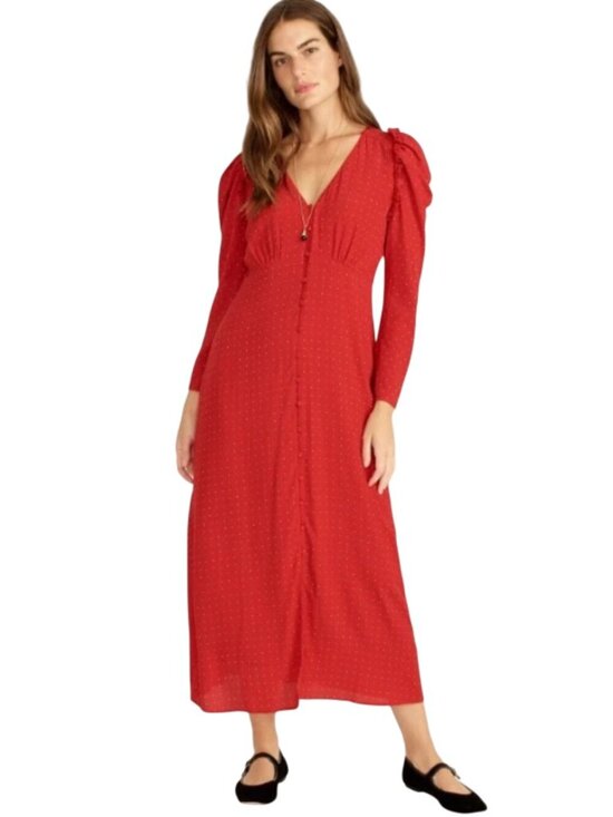 J. Crew Dresses & Skirts - J. Crew Puff Sleeve Midi Dress In Pin Dot Red Women's Size 12 Button Front Party